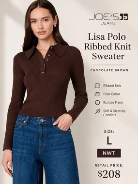 Joe's Jeans The Lisa Polo Ribbed Knit
Sweater Chocolate Brown Size L NWT